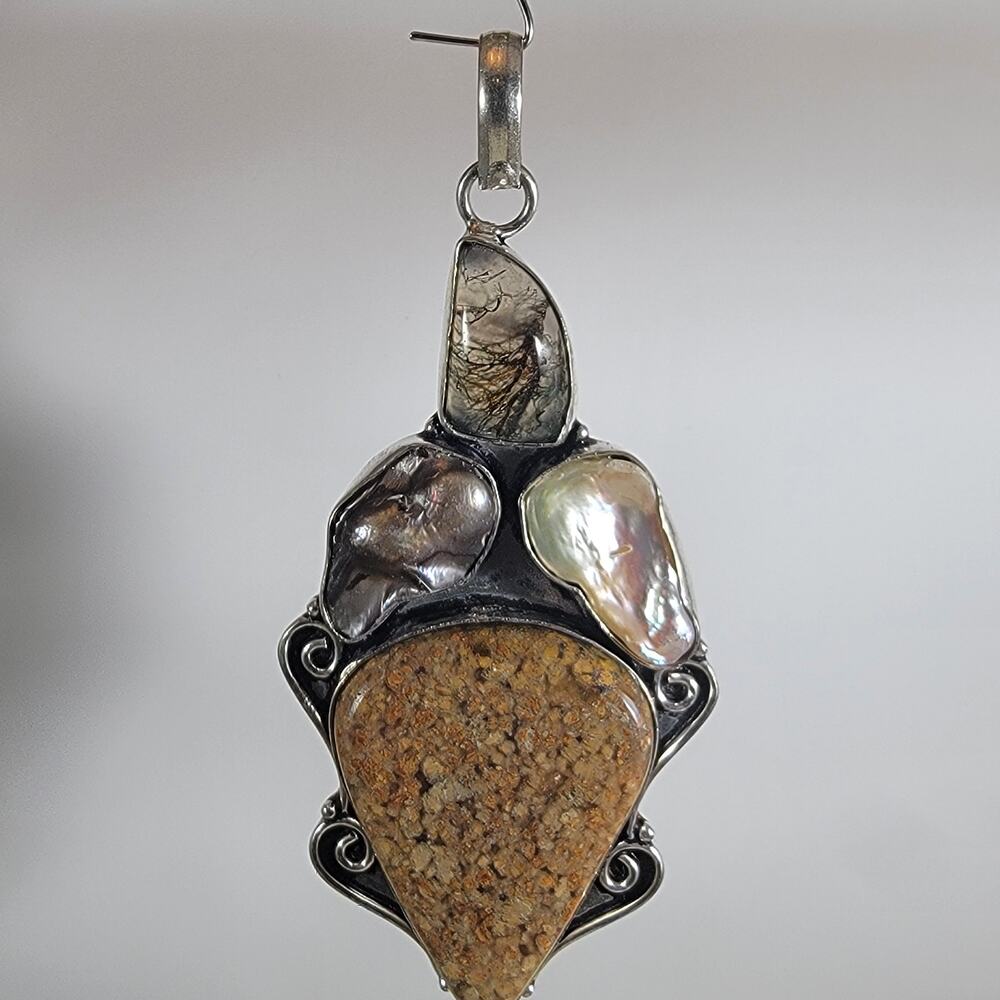 Handmade Silver Pendant – Jasper, Pearl & Rutilated Quartz + 20" Silver Chain